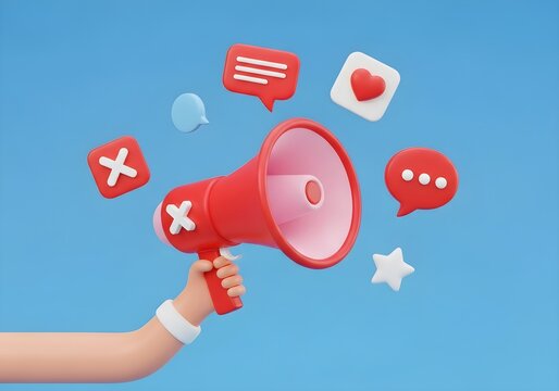 Cartoon hand holding red megaphone with speech bubbles on a light blue colored background