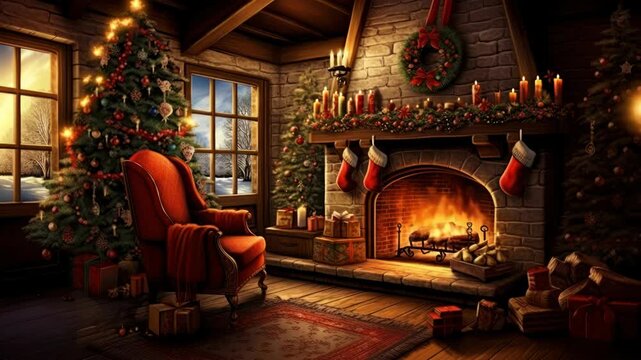 Cozy Christmas living room with a warm fireplace, decorated tree, and gifts. Captured from a wide-angle, perfect for a festive video backdrop. Live desktop wallpaper.
