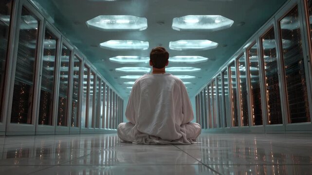 Man in white robe meditates lotus style in a futuristic data center corridor among glowing server racks, blending mindfulness and spirituality with ai driven technology