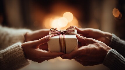 Two hands exchanging a small gift box with a ribbon. A warm, cozy atmosphere is created by a glowing fireplace in the background.