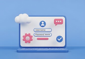 Laptop showing login screen with username and password fields on a blue background setting with cloud
