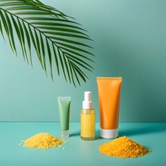 Tropical skincare products with palm leaf and sea salt
