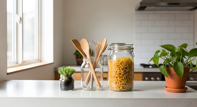 Cozy kitchen still life with pantry staples like pasta, cooking spoons, and fresh green plants by a sunny window