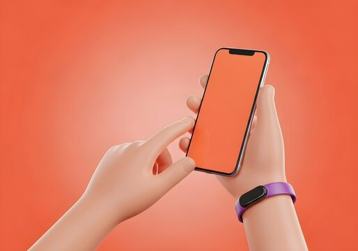 Cartoon hands holding a phone with orange screen and purple smartwatch on an orange background - Powered by Adobe