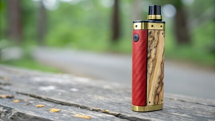 Stylish wooden and red vape pen on a rustic wooden table outdoors