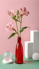 Delicate pink alstroemeria flowers in a red glass vase on a pastel background