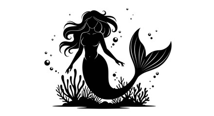 Mermaid silhouette swimming gracefully underwater amidst seaweed and bubbles on a clean background, mythical ocean creature vector art