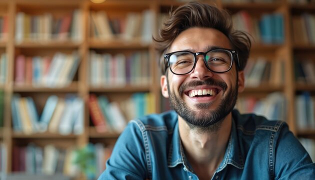 Man with glasses laughs heartily in library full of books. Wears denim shirt, smiles broadly. Photo joy, happiness in calm, intellectual environment, suggesting pleasant work study break.