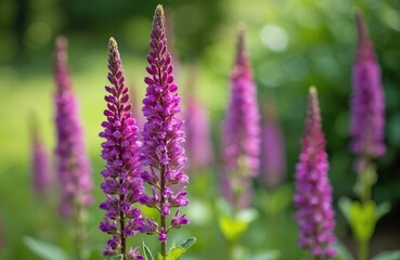 Fototapeta premium Purple loosestrife flowers bloom in green garden field. Tall spiky plants with vibrant pink petals stand out against blurred green background leaves. Summer meadow flora grows wild in nature. Natural