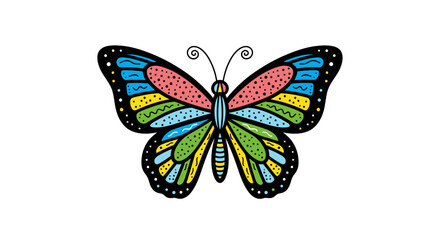 Colorful illustrated butterfly with vibrant patterns and intricate wing details, hand-drawn vector art on a white background