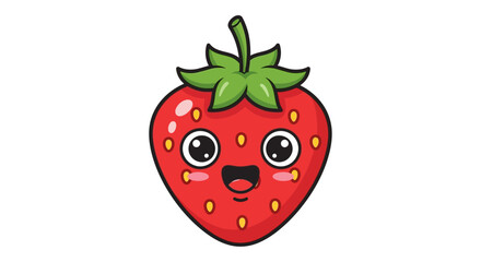 Obraz premium Cute happy cartoon strawberry illustration with big eyes and smiling face, ideal for kids' designs and healthy food concepts.