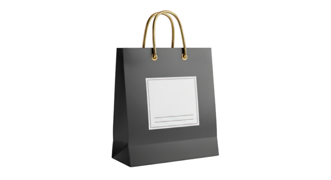 Black Paper Shopping Bag with Blank White Label Isolated on Transparent Background