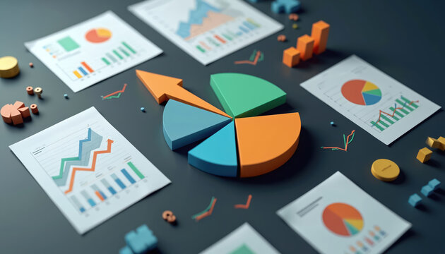 Financial documents, bar graphs, pie charts display business data, analytics. 3d pie chart with arrow shows market growth, strategy, investment info. Papers with colorful diagrams on dark table - Powered by Adobe