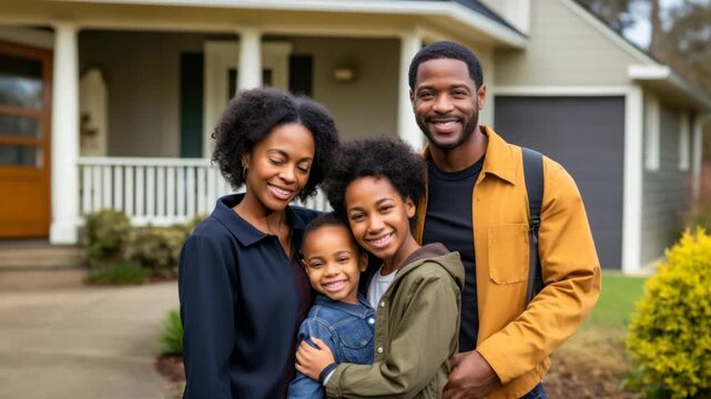 Happy family posing outside their home, captured from a front-facing angle. The video-style image exudes warmth and togetherness in a suburban setting.