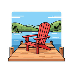 Red adirondack chair on a wooden dock by a serene lake with rolling hills and trees in a summer landscape