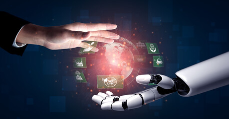 Fototapeta premium AI artificial intelligence promotes sustAI artificial intelligencenability via eco-smart planning, green virtual advisors, and intelligent systems for long-term environmental responsibility. Vouch