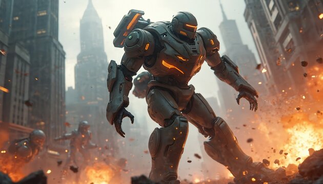 Robotic armored soldier strides through city battle. Sci-fi illustration war between mechs, invaders. Futuristic combat scene. Digital artwork shows war machines during post-apocalyptic destruction.