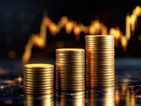 Golden coin stacks showing growth with blurred financial chart