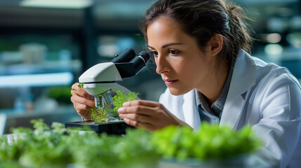 Faceless female scientist looking at biological samples under microscope defocused applied science laboratory background Caucasian lab engineer in white coat turned back to came