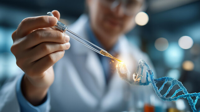 Faceless scientist using AI technology for medical research defocused biotechnology laboratory background chromosome DNA genetic analysis scientific lab development medical res