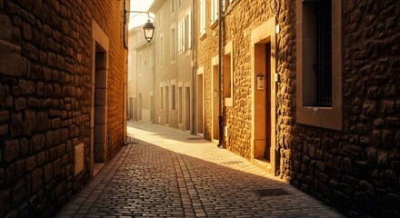 Naklejka premium Sunlit cobblestone street winding through an ancient European town, bathed in the warm glow of late afternoon, evoking a sense of timeless charm and historical beauty