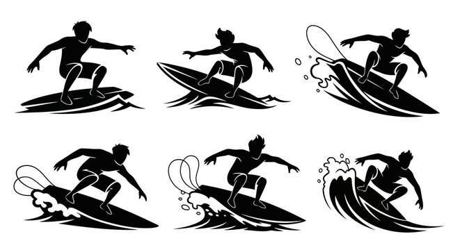 Dynamic set of surfer silhouettes riding waves, capturing the exhilaration and athleticism of surfing with various board and wave configurations