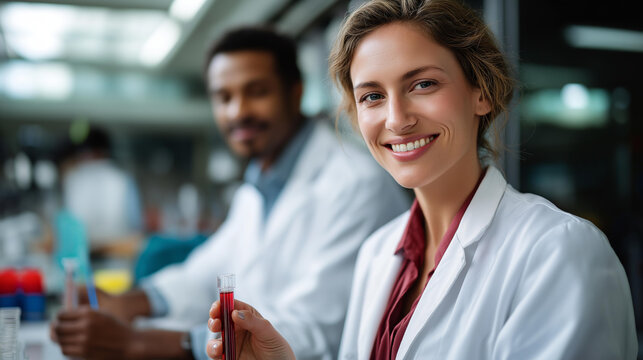 Faceless couple of diagnostic laboratory scientists defocused workplace background medical specialists in lab coats holding test tubes satisfied professionals collaborative lab