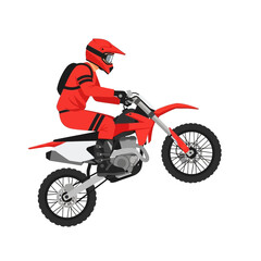 Motocross rider performing a daring wheelie stunt on a red dirt bike, isolated vector illustration graphic