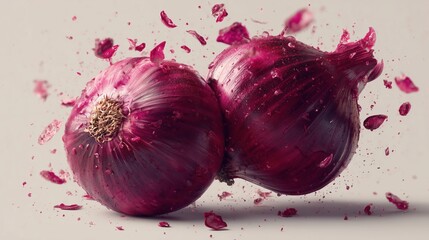 Two red onions with splashes of petals around them. The onions are fresh and whole, showcasing their vibrant color and texture.