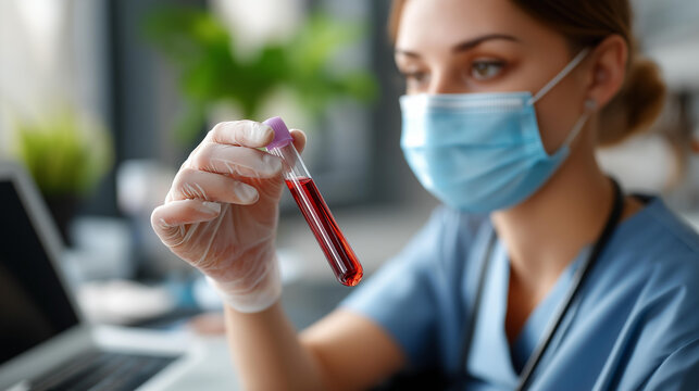 Close up of faceless lab assistant holding blood test tube defocused laptop and laboratory background uniform mask and gloves visible typing on computer selective focus on samp