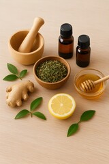 Natural herbal wellness ingredients with essential oils, herbs and wooden background for organic health and self care