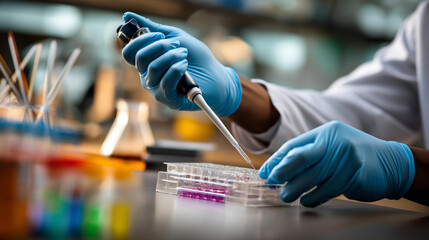 Medical and scientific banner with 8 channel pipette and 96 well test plate faceless lab technician hands defocused genetic laboratory background DNA sample purification