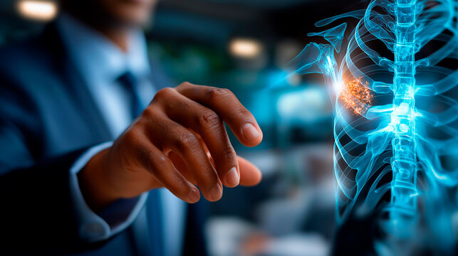Faceless businessman's hand touching digital x ray human body scan interface defocused office background 3D rendering hologram medical technology concept health diagnostic