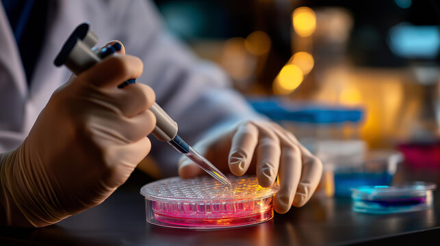 96 well plate for PCR processing in microbiological laboratory faceless researcher pipetting samples defocused lab background liquids in microplate biomedical research