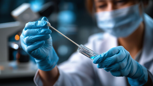 Faceless doctor's hands holding swab test tube for virus analyzing defocused medical background blue gloves and protective mask 2019 nCoV test virus protection - Powered by Adobe