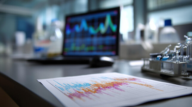 DNA sequence analysis by chromatogram peaks faceless genetic testing visualization defocused laboratory background molecular diagnostics genetic sequencing data scientific ana