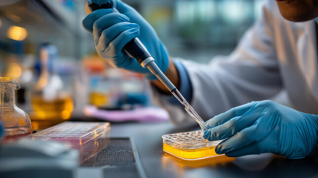 Faceless scientist pipetting medium into 12 well plate defocused laboratory background cell culture work precise liquid handling biological research procedure scientific