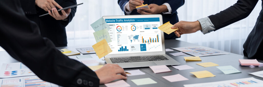 Computer software for website traffic analytics data on computer screen. Concept of SEO search engine optimization and customer targeting for online business brisk
