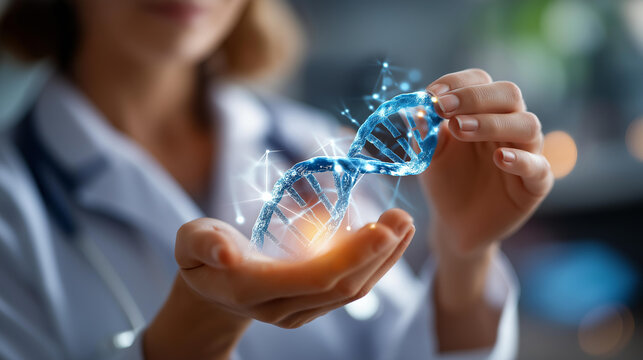 Genetic testing concept with DNA icon faceless medical doctor holding hologram isolated on white background molecular diagnostics visualization personalized medicine concept