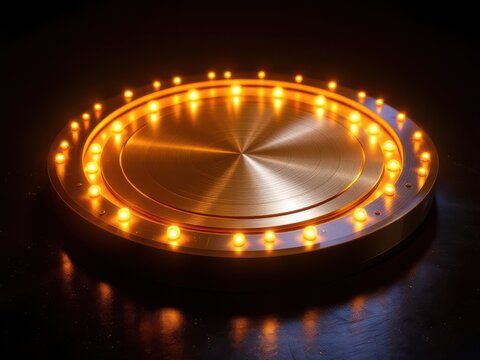 Brushed metal gold disc illuminated by warm glowing circular leds