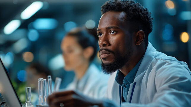 Portrait of faceless young male scientist holding test tubes defocused modern medical laboratory background using computer Asian female colleague working behind research
