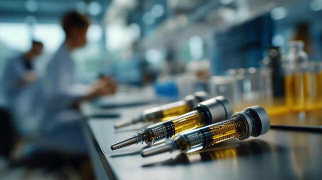 Cutting edge biotechnology lab developing vaccines faceless research visualization defocused laboratory background gene editing technology vaccine development process