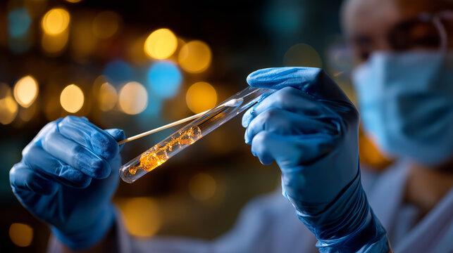 Faceless doctor's hands holding swab test tube for virus analyzing defocused medical background blue gloves and protective mask 2019 nCoV test virus virus protection