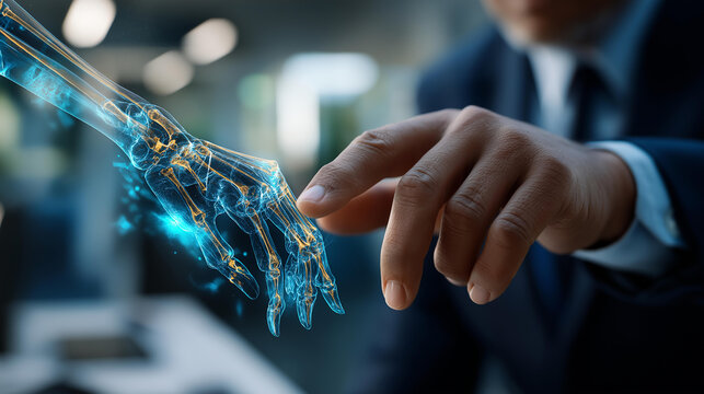 Faceless businessman's hands interacting with digital x ray human body scan defocused futuristic background 3D rendering interface medical technology hologram diagnostic visual