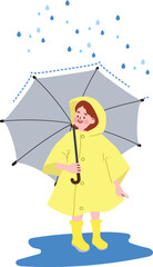 Happy Girl in Yellow Raincoat with Umbrella in Rain