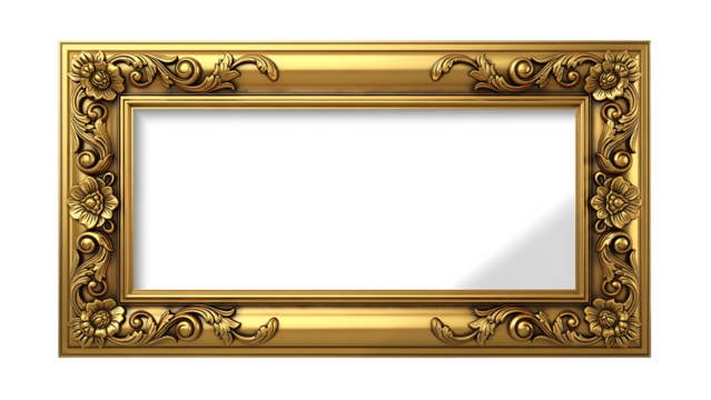 Ornate golden picture frame with intricate carvings isolated on transparent background