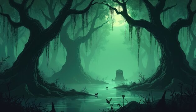 Eerie swamp forest with gnarled trees and hanging moss. Green mist rises from murky water, with faint animal shapes visible. Dark, mysterious, and atmospheric woodland scene.