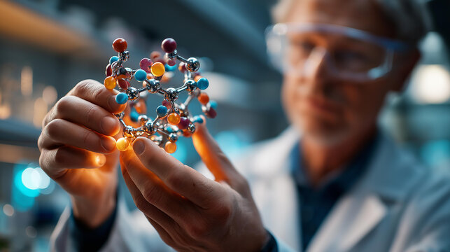 Faceless scientists experimenting with molecule model defocused laboratory background DNA and human biology research analyzing gene transfer data genetic research with molecule - Powered by Adobe