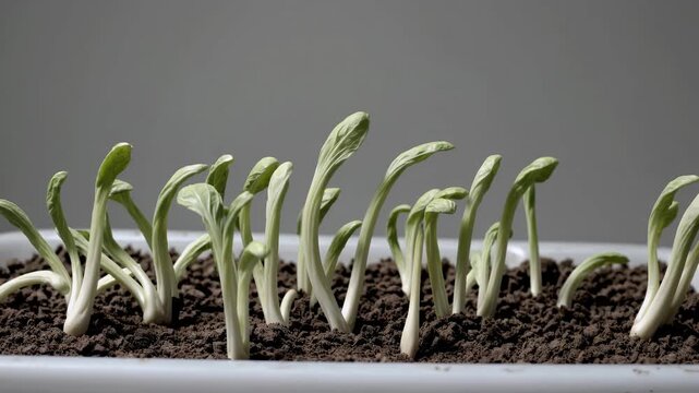 Educational 4K timelapse showing cabbage seedlings wilting lack water illustrating plant care challenges agriculture lessons importance proper light moisture