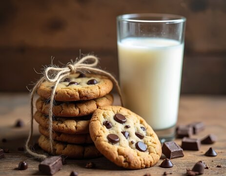 Chocolate chip cookies tied with twine, glass of milk on wooden table with chocolate chunks. Homemade baked goods, dairy drink. Tasty sweet snacks, refreshing beverage. Cookie recipe concept. Brown